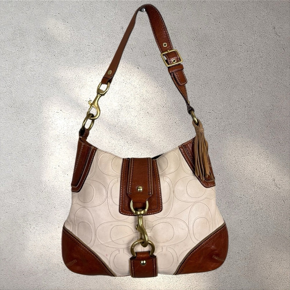 Y2K Coach Hamptons Signature Embossed Leather Beige Tan Shoulder‎ Hobo Bag 11328